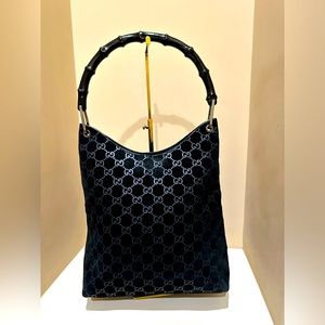 Gucci GG Webbed Suede Hobo Bamboo Black Top Handle Bag vintage Tom Ford era